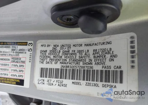 2007 Toyota Corolla S z USA, uszkodzony, nr VIN 1NXBR32E57Z887036